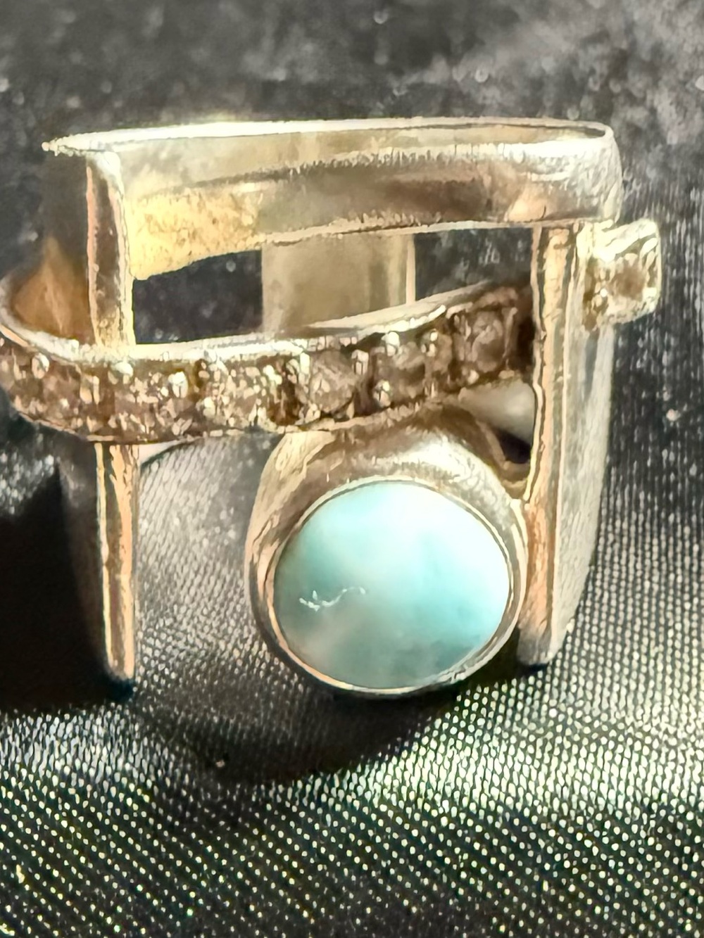 Marahlago’s  Dante Statement Larimar Ring in Sterling Silver w/White Topaz 7-8